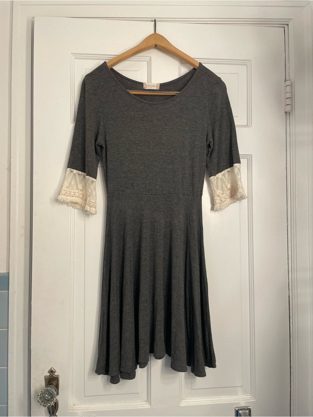 Altar'd State Charcoal Knit Midi Dress with Cream Lace Sleeves